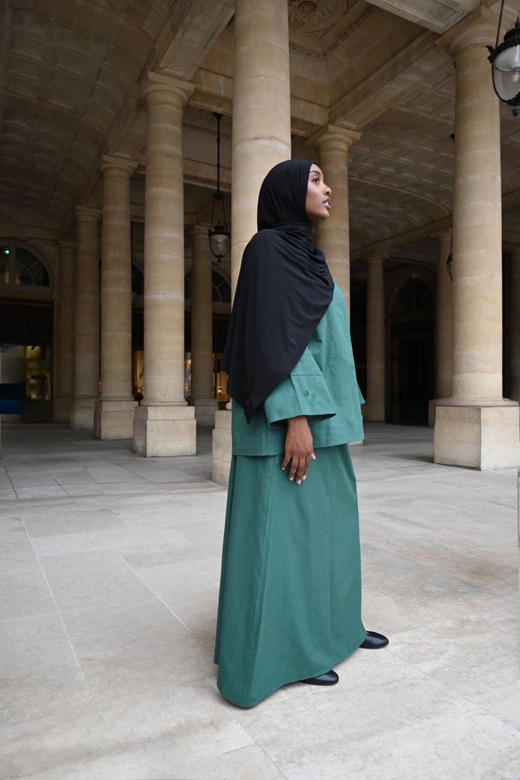 Ensemble Nawal – Jupe longue doublée & blouse à manches boutonnées - VERT SAPIN