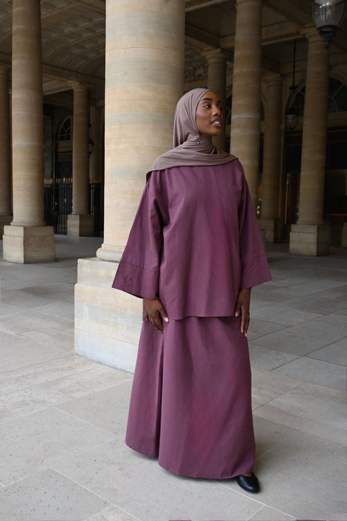 Ensemble Nawal – Jupe longue doublée & blouse à manches boutonnées - PRUNE