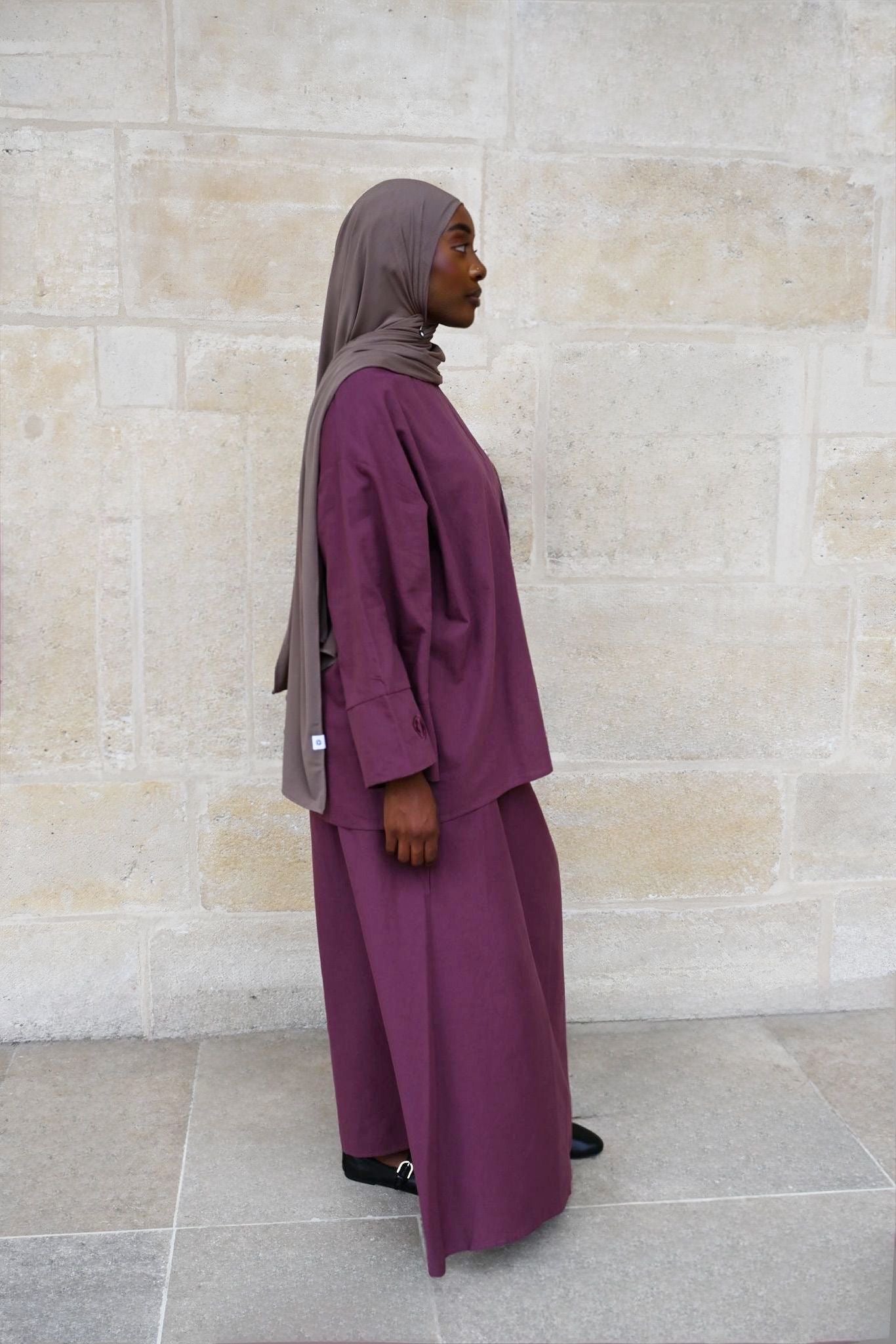 Ensemble Nawal – Jupe longue doublée & blouse à manches boutonnées - PRUNE