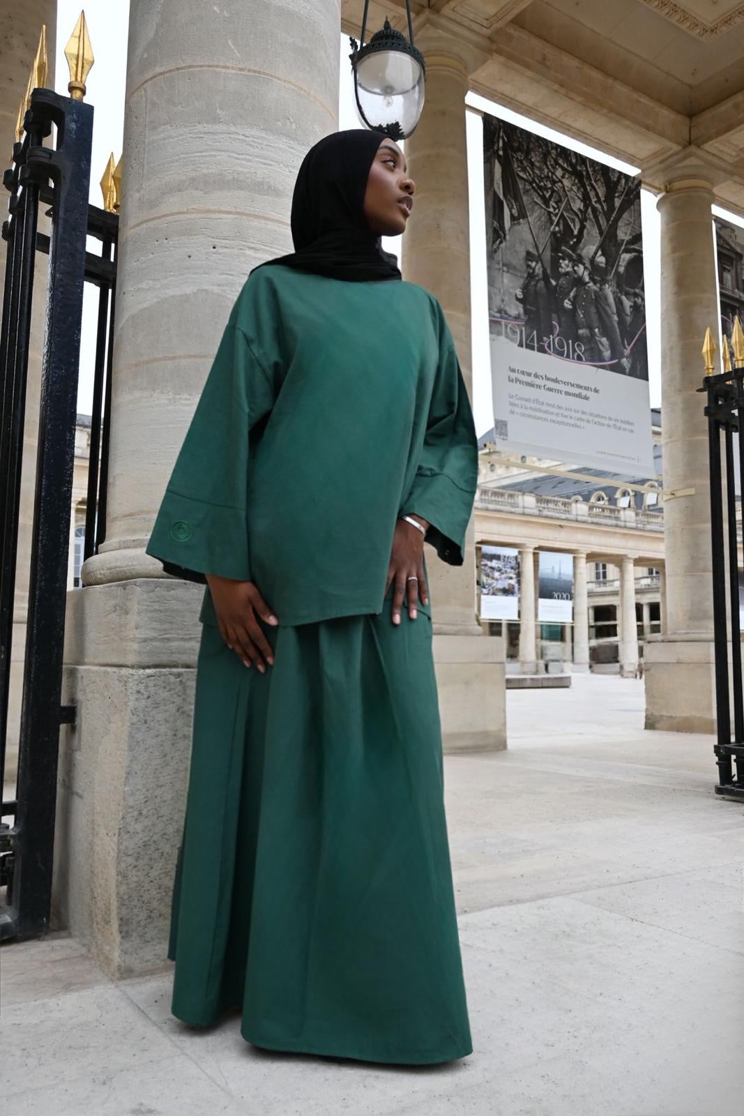 Ensemble Nawal – Jupe longue doublée & blouse à manches boutonnées - VERT SAPIN