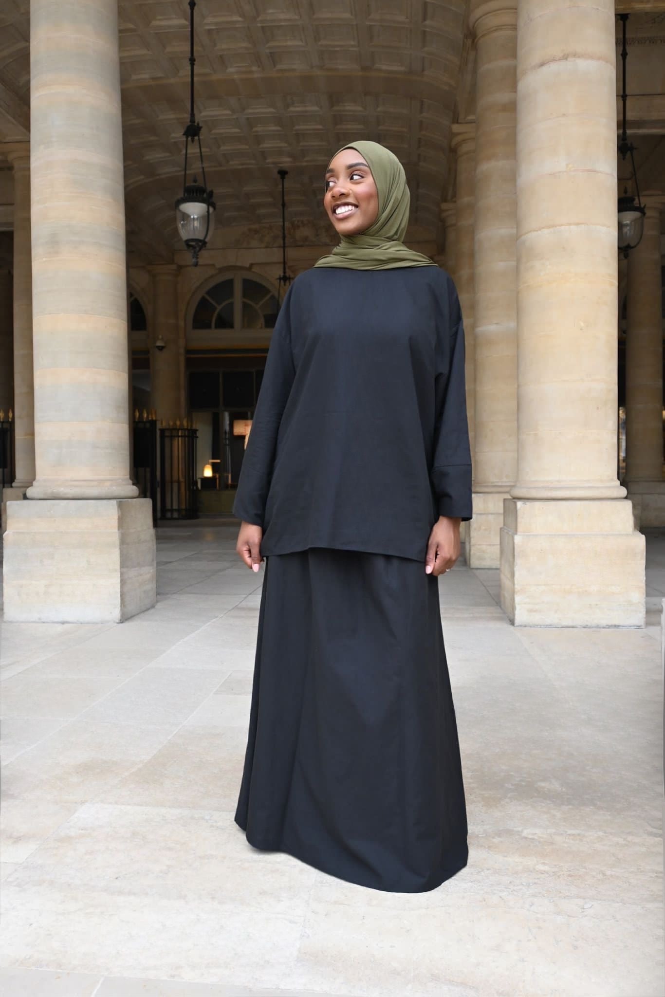 Ensemble Nawal – Jupe longue doublée & blouse à manches boutonnées - NOIR
