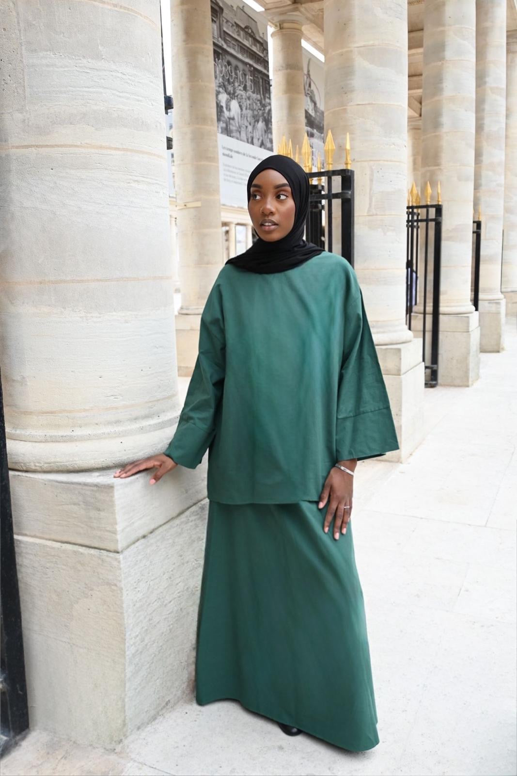 Ensemble Nawal – Jupe longue doublée & blouse à manches boutonnées - VERT SAPIN