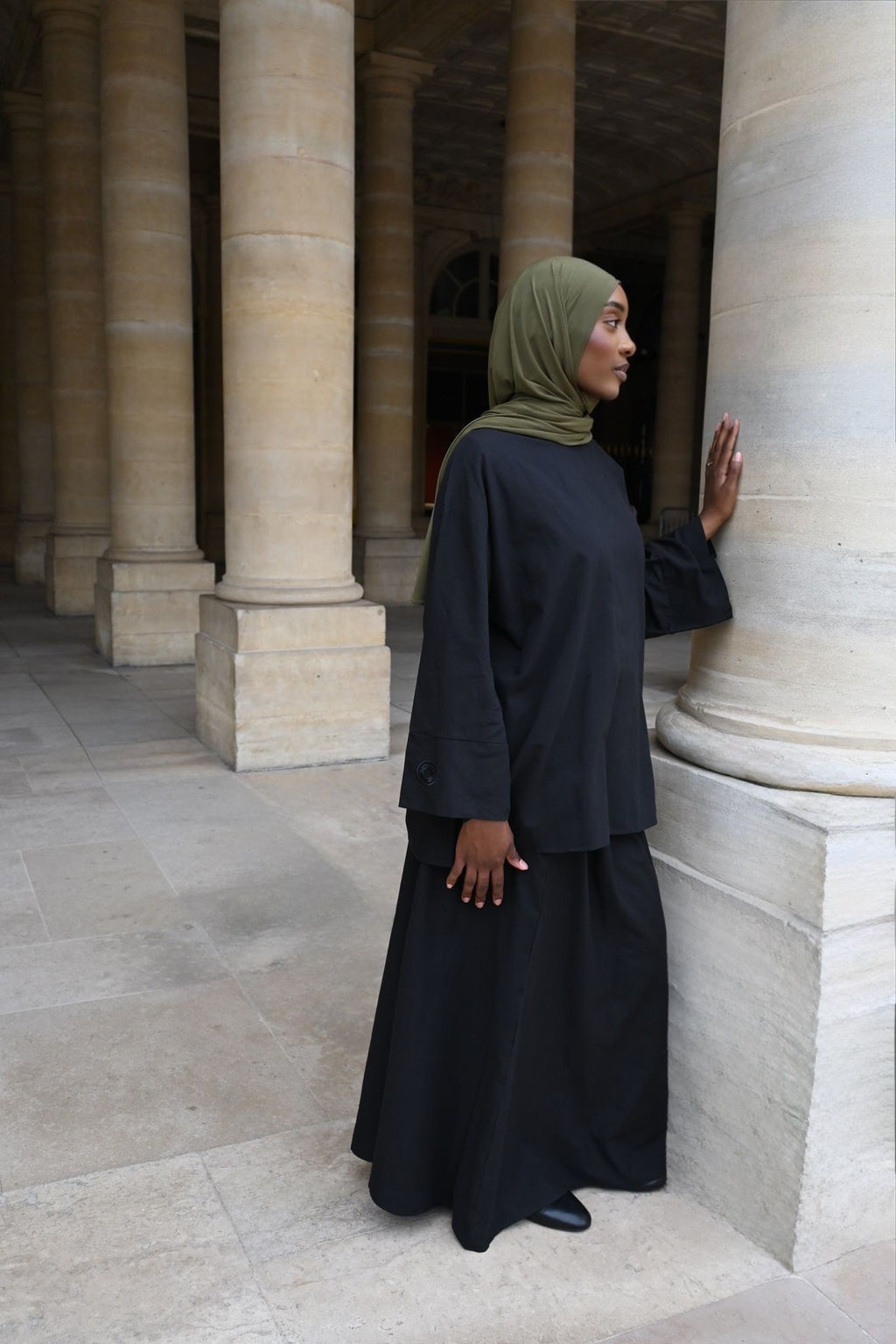 Ensemble Nawal – Jupe longue doublée & blouse à manches boutonnées - NOIR