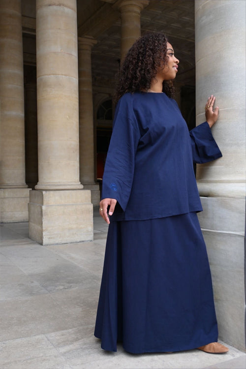 Ensemble Nawal – Jupe longue doublée & blouse à manches boutonnées - BLEU MARINE