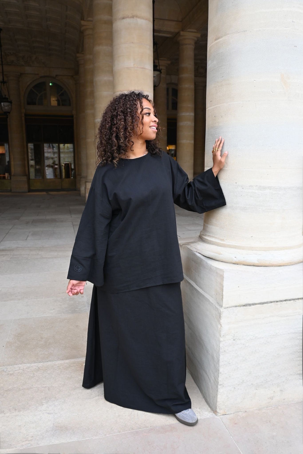 Ensemble Nawal – Jupe longue doublée & blouse à manches boutonnées - NOIR