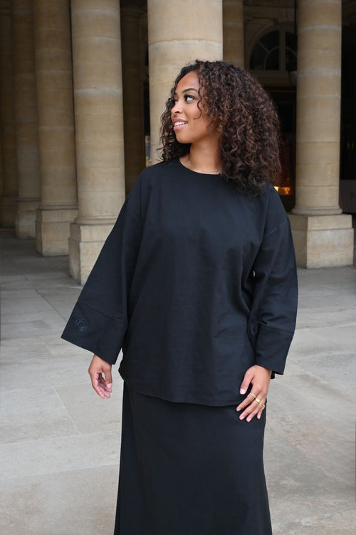 Ensemble Nawal – Jupe longue doublée & blouse à manches boutonnées - NOIR